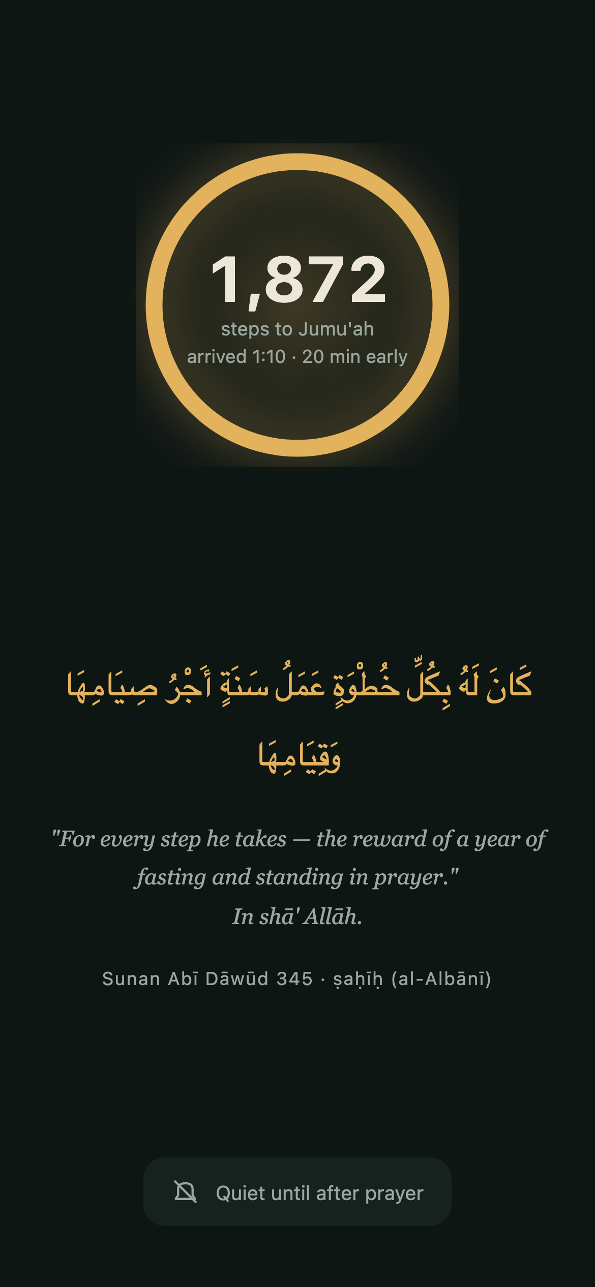 Arrival: the ring closed, the steps to Jumu'ah, and the hadith's own words.