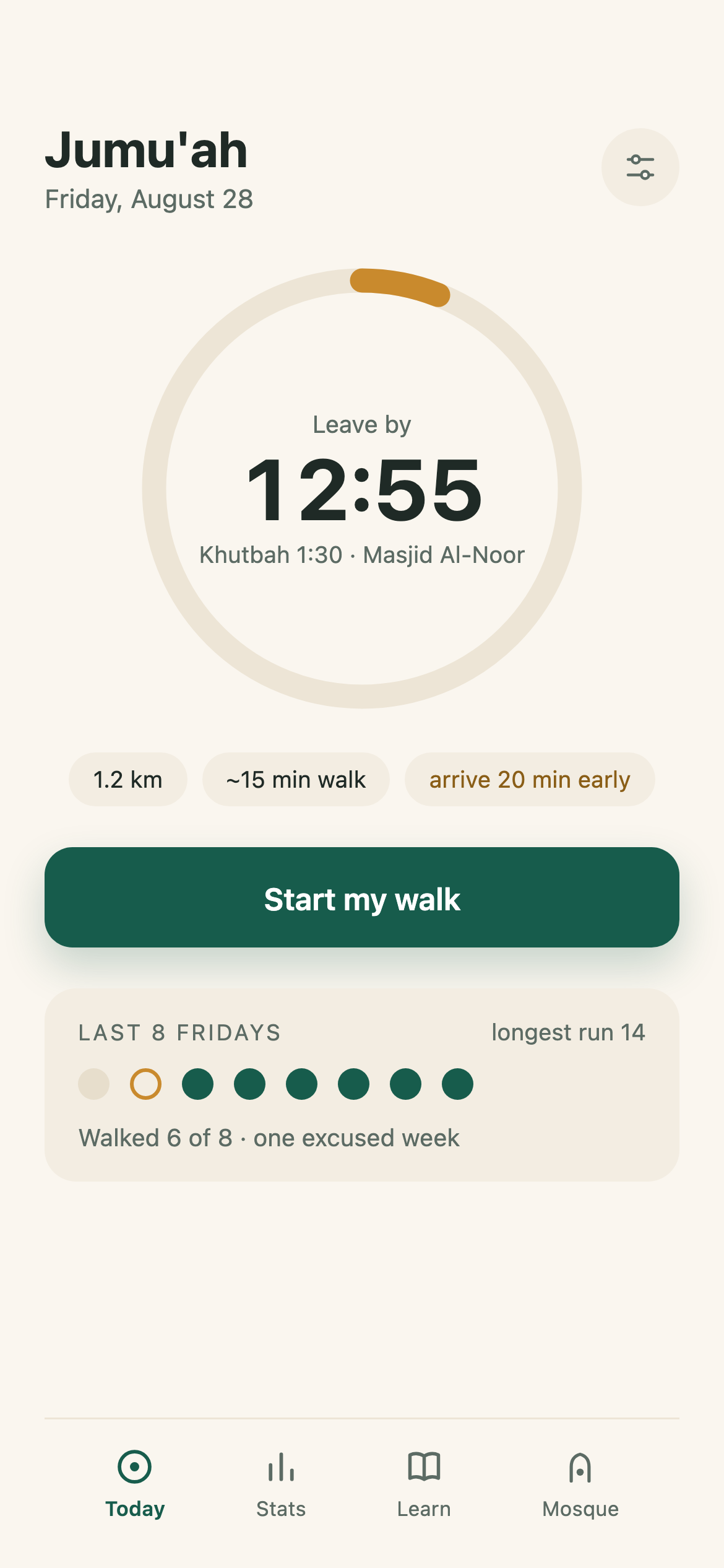 The Khutwa Today screen: a ring around the leave-by time, 12:55, with the khutbah at 1:30 at Masjid Al-Noor, a 1.2 km walk of about fifteen minutes, and a Start my walk button.